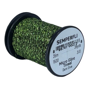 Dunkelolivgrüne Micro Glint Nymph Tinsel Spule zum Fliegenbinden.
