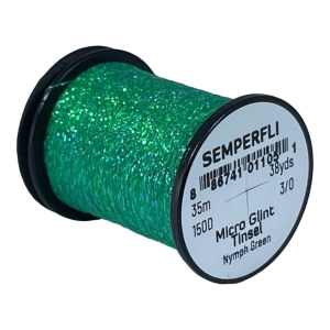 Micro Glint Nymph Tinsel Nymphengrün: Spule mit leuchtend grünem, schimmerndem Bindegarn.