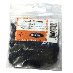Kapok Fusion Dubbing schwarz: Schwarzes Dubbing-Material für Fliegenbinden in transparenter Verpackung.