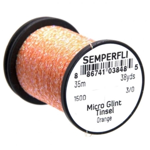 Micro Glint Nymph Tinsel orange: Spule mit orangefarbenem, schimmerndem Bindematerial für Fliegen.