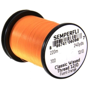 Bindefaden Classic Waxed Thread 12/0, 220m, fluo orange: Orangefarbener Bindefaden auf Spule.