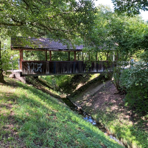 Überdachte Brücke über den Chimlibach, umgeben von Grün.