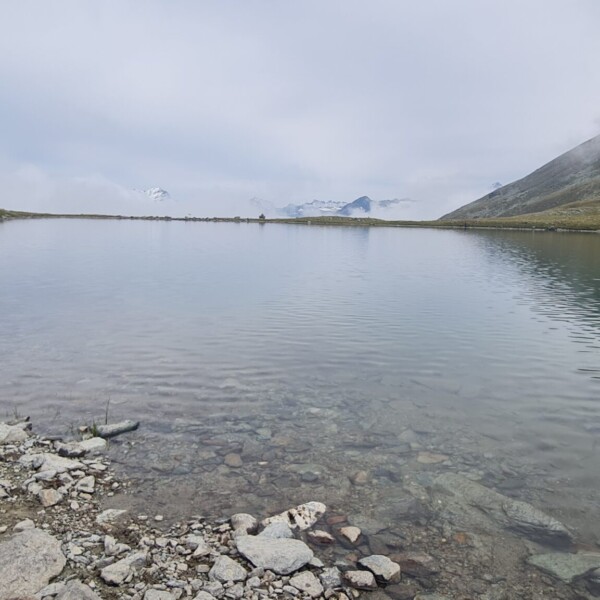 Illsee: Ruhiger Bergsee mit bewölktem Himmel und grünen Ufern.