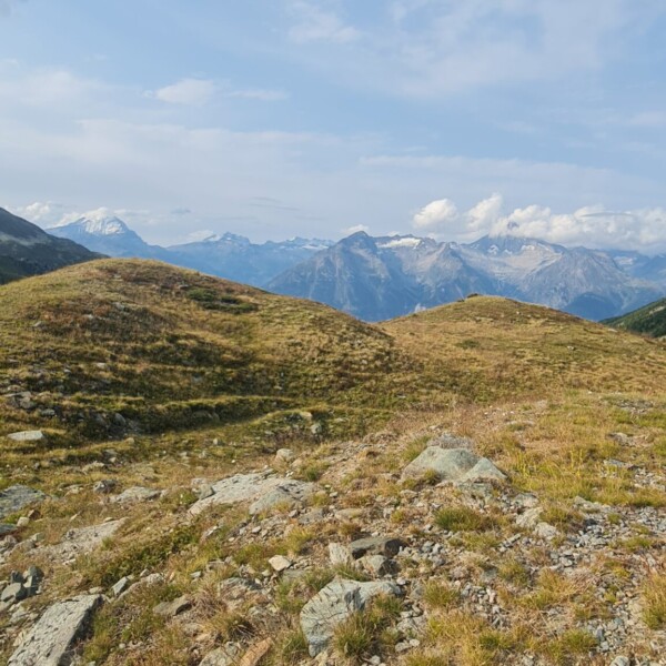 Berglandschaft mit Illsee-Blick und schneebedeckten Gipfeln unter blauem Himmel.