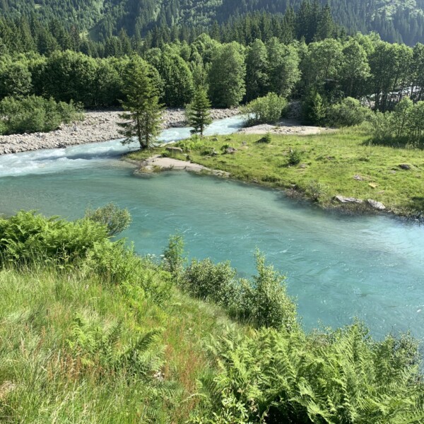 Türkisfarbener Vereinabach Fluss schlängelt sich durch grüne Landschaft.