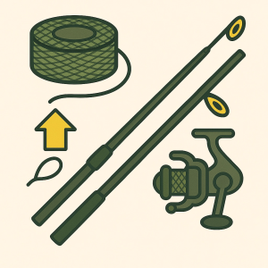 Schnurbespulen geflochten: Angelrute, Angelschnur und Angelrolle.