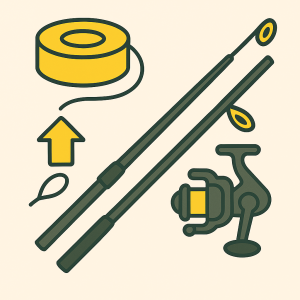 Schnurbespulen mono gelb: Angelrute, Rolle und Spule mit gelber Angelschnur.