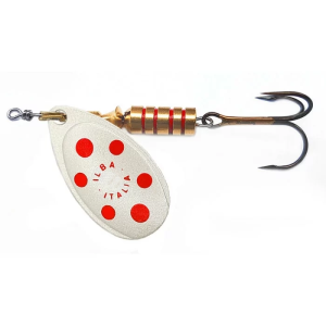 Tondo pearl/red N°3, 7g Angelköder mit Drillingshaken ohne Widerhaken.