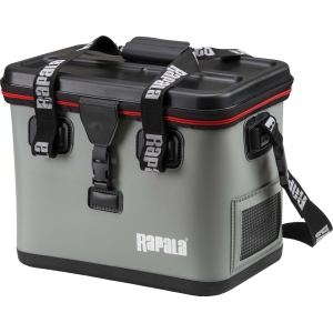 Rapala Hydro Premium Tackle Bag: Graue Angeltasche mit schwarzem Deckel und roter Zierleiste.