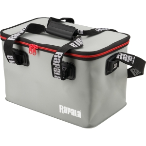 Rapala Hydro Tackle Bag: Graue Angeltasche mit roten Akzenten und Tragegriffen.
