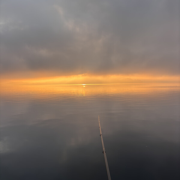 Eine Angelrute erstreckt sich über ruhiges, spiegelndes Wasser bei Sonnenaufgang oder Sonnenuntergang, mit sanftem goldenem Licht, das am Horizont unter einem bewölkten Himmel leuchtet.