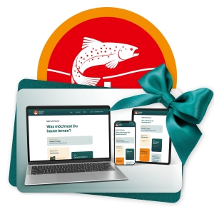 Geschenkkarte eLearning Schweizer Sportfischer Brevet auf Laptop, Tablet und Smartphone.