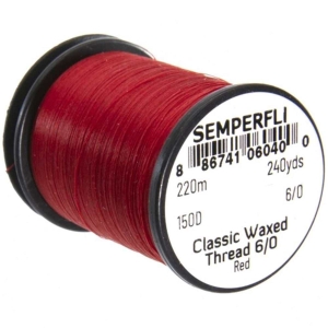 Bindefaden Classic Waxed Thread 6/0, 220m, rot: Gewachster Bindefaden in Rot auf einer Spule.