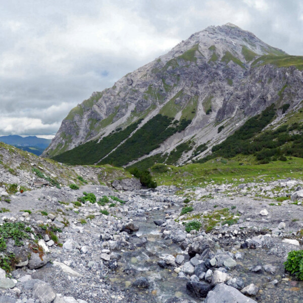 Alteinbach Gebirgsbach mit Bergpanorama unter bewölktem Himmel.