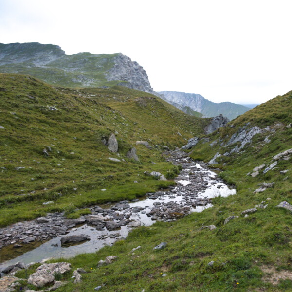 Berglandschaft mit Bachlauf und grünen Hängen. Im Hintergrund Gipfel.