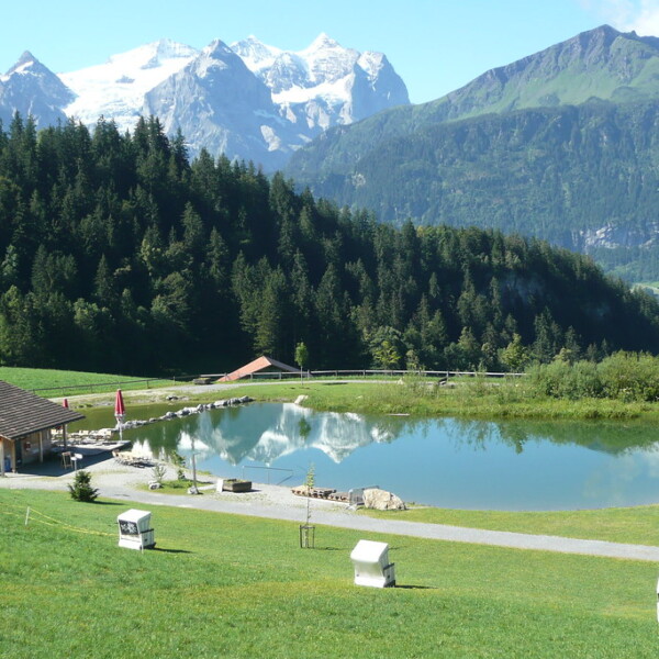 Badesee Hasliberg mit Bergpanorama und Spiegelung im See.