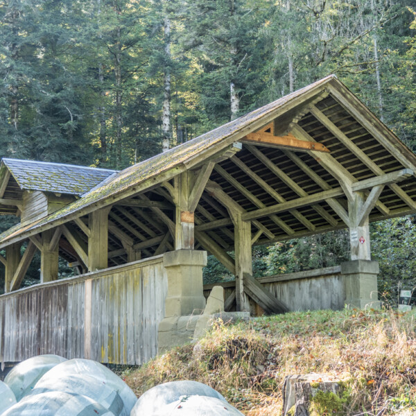 Überdachte Holzbrücke über die Biberze mit Verkehrsschildern im Wald.