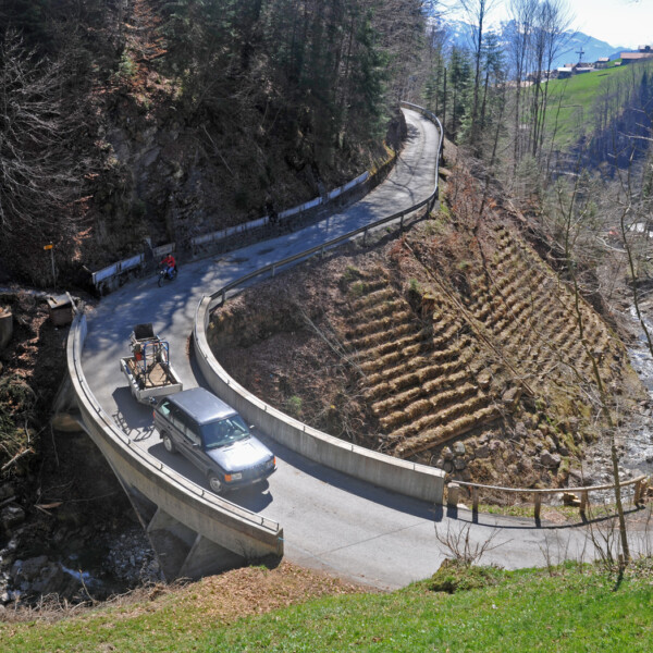 Bolbach: Auto fährt über Brücke in malerischer Landschaft. Kurvige Straße, Fluss und grüne Hänge.