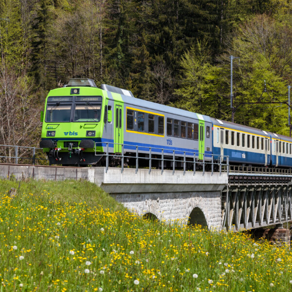 BLS-Zug überquert Viadukt bei Buuschebach, Schweiz. Grüne und gelbe Wiese im Vordergrund.
