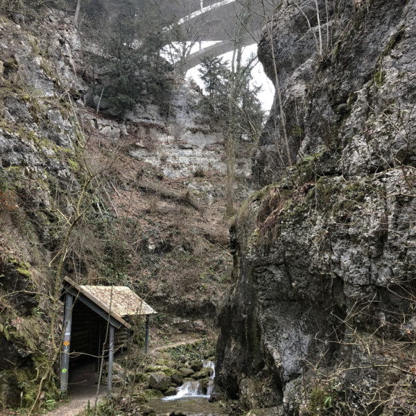 Cholerbach-Schlucht mit kleinem Wasserfall, Unterstand und hoher Brücke im Hintergrund.
