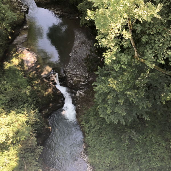 Choltalbach Wasserfall in Emmetten, umgeben von üppigem Grün.