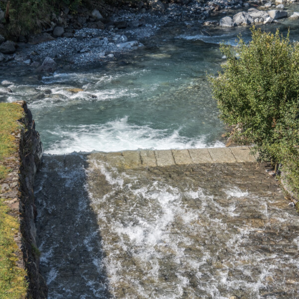Chrauchbach: Ein kleiner Wasserfall in einem klaren Gebirgsbach mit üppiger Vegetation.