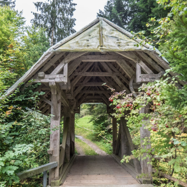 Überdachte Holzbrücke am Churzeneibach, umgeben von üppigem Grün.