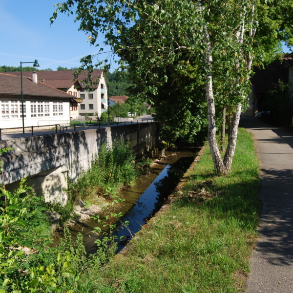 Diegterbach-Bachlauf unter einer Brücke in Diegten, Schweiz.