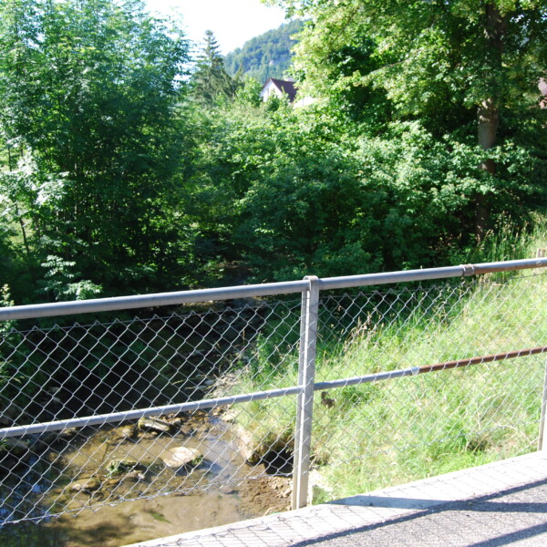 Diegterbach fließt unter einer Brücke, umgeben von Grün. Natürliche Bachlandschaft.