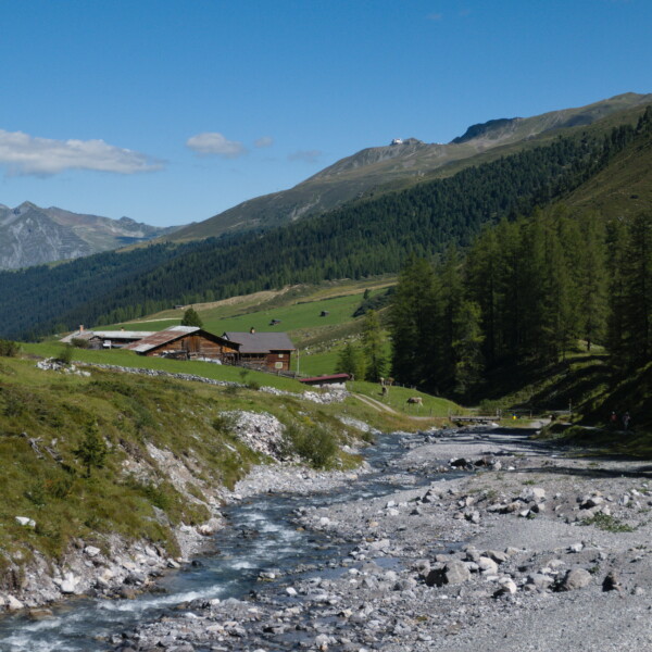 Ducanbach Gebirgsbach in Graubünden mit Alpenlandschaft und Almhütten.