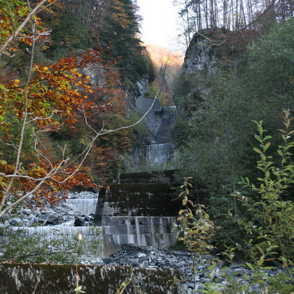 Betonbauwerk im Fluss Durnagel, umgeben von herbstlichen Bäumen