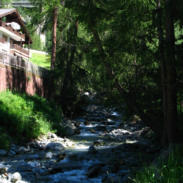 Findelbach Bachlauf mit Felsen und Bäumen im Schatten, nahe Zermatt.