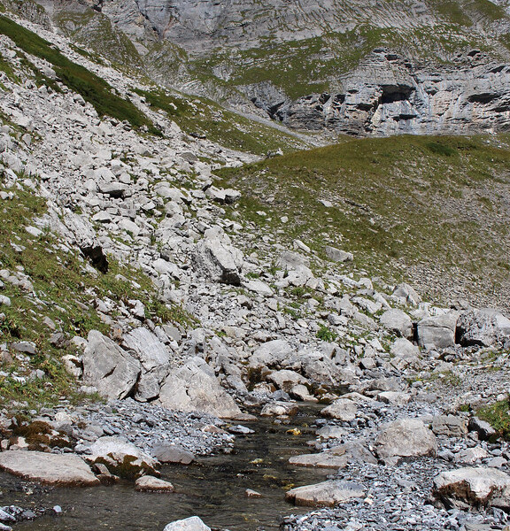 Glattalpseebach Gebirgsbach mit Felsen und Berglandschaft im Hintergrund.