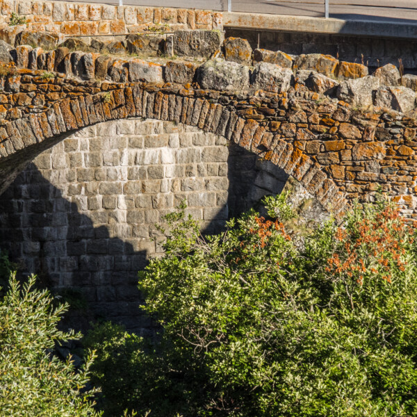 Steinbogenbrücke über die Gotthardreuss, teilweise von Grün überwuchert.