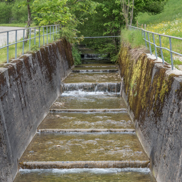 Kanalisierter Bachlauf mit Treppenstufen und Geländer. Hämelbach im Fokus.
