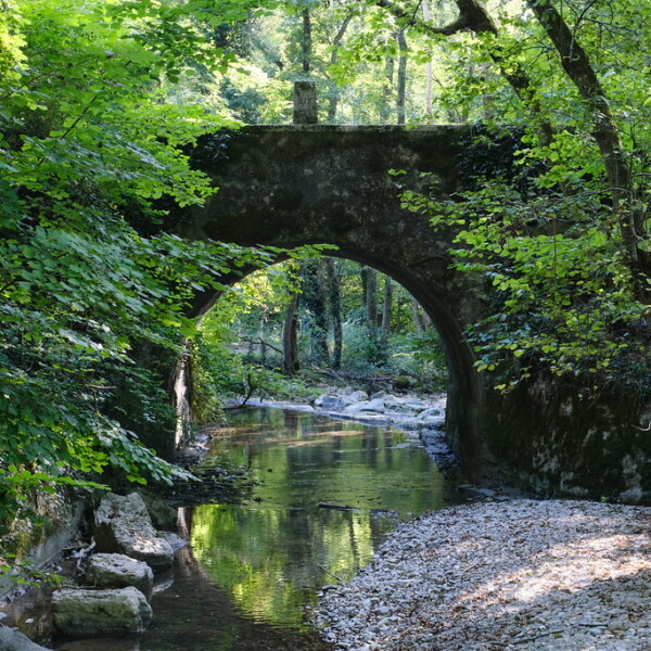 Steinbrücke über einen Bach in Hermance, umgeben von üppigem Grün.