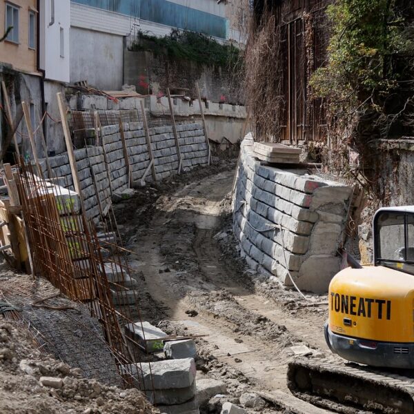 Klusbach Baustelle mit Bagger und Stützmauer im Bau.