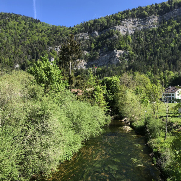 Flusslauf in La Noiraigue mit bewaldeten Hügeln im Hintergrund.