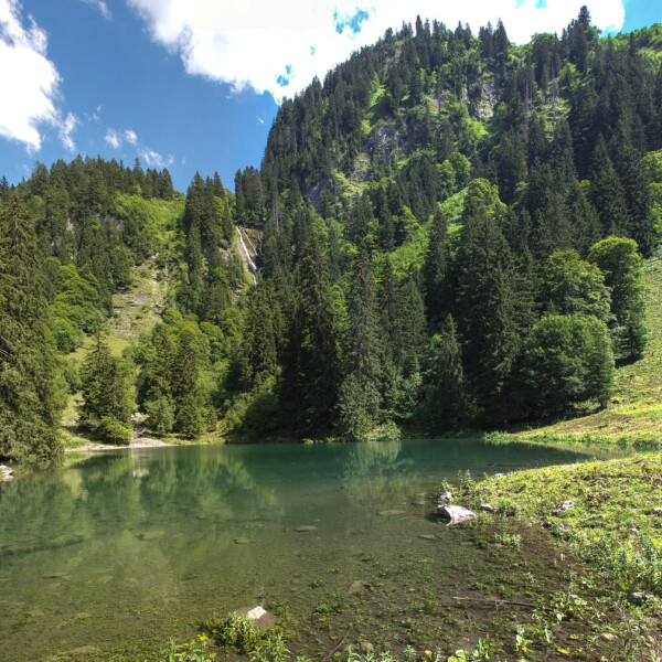 Lac de Coudré: Idyllischer Bergsee mit bewaldeten Hängen und Wasserfall im Hintergrund.