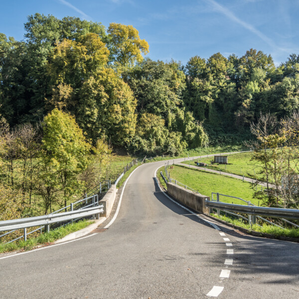 Asphaltstraße schlängelt sich durch grüne Landschaft mit Bäumen und blauem Himmel.