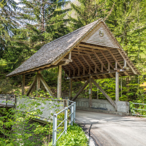 Gedeckte Holzbrücke in Momont, eingebettet in grüne Natur.