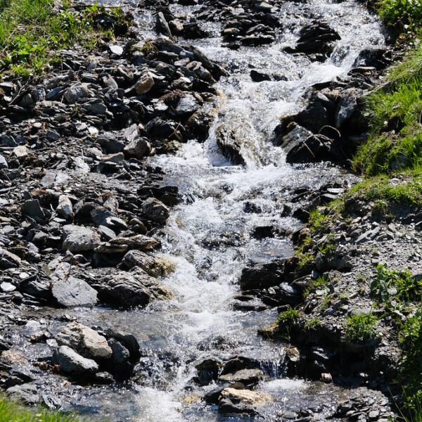 Nant de Catogne: Ein sprudelnder Bach fließt über Steine und Felsen.