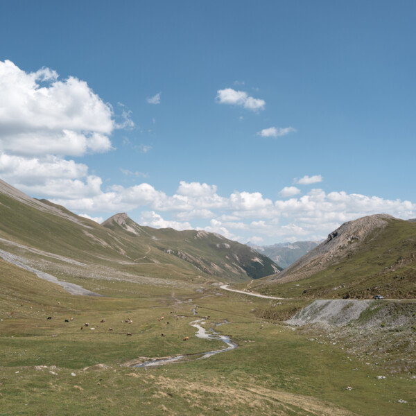 Ova d'Alvra: Malerische Landschaft mit Bergen, Wiese und kurvenreicher Straße unter blauem Himmel.