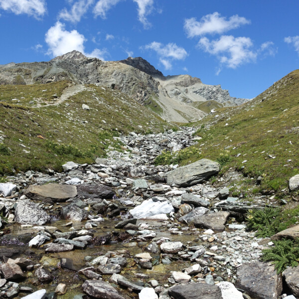 Patthornbach: Berglandschaft mit Bachlauf und Felsen unter blauem Himmel.
