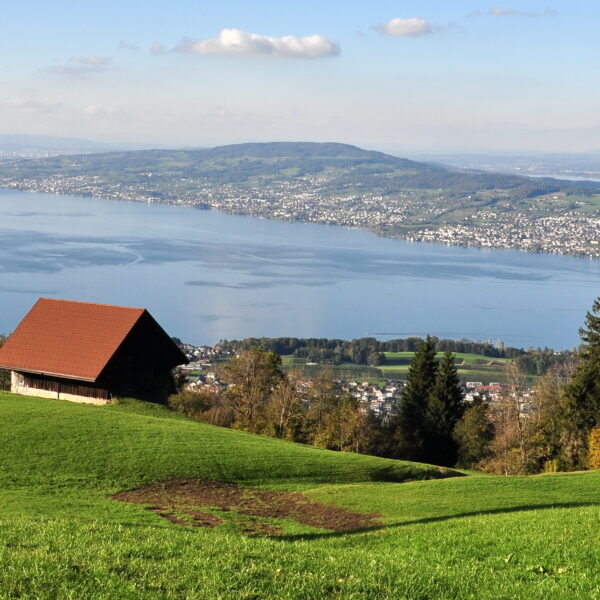 Hütte am Zürichsee mit Blick auf den See und die Landschaft.