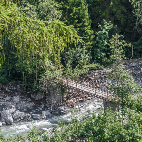 Brücke über den Rabiusa Fluss im Safiental, umgeben von üppigem Grün.