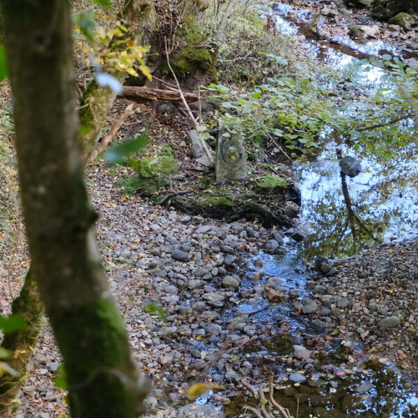 Ruisseau de Tuernant: Bachlauf mit Steinen und einem alten Grenzstein im Wald.
