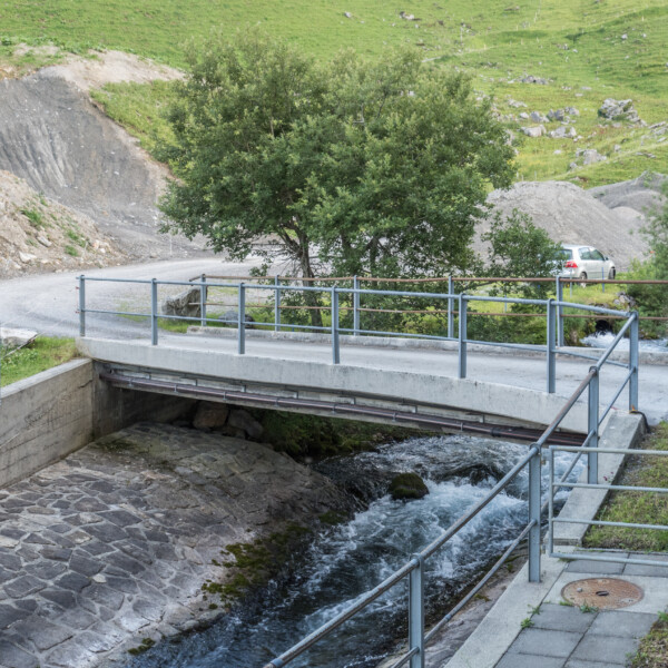 Brücke über den Ruosalper Bach in einer grünen Landschaft mit Baum und einem Auto im Hintergrund.