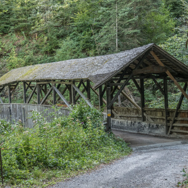 Gedeckte Holzbrücke in Saschielbach, eingebettet in grüne Vegetation.
