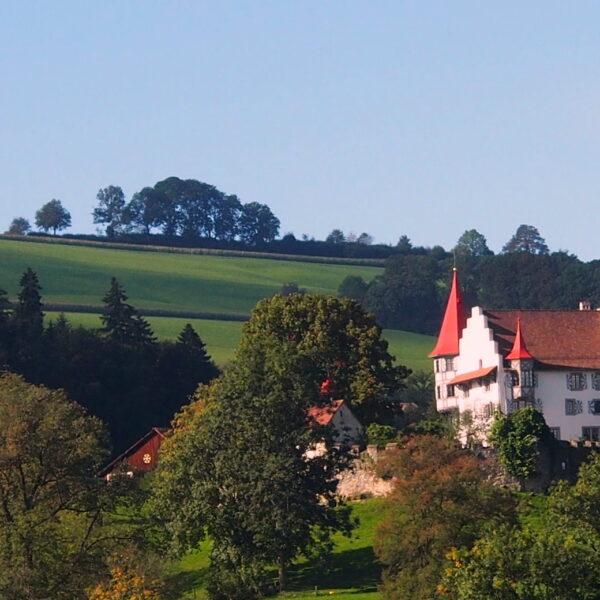 Schloss Wartensee mit rotem Turm und grüner Landschaft